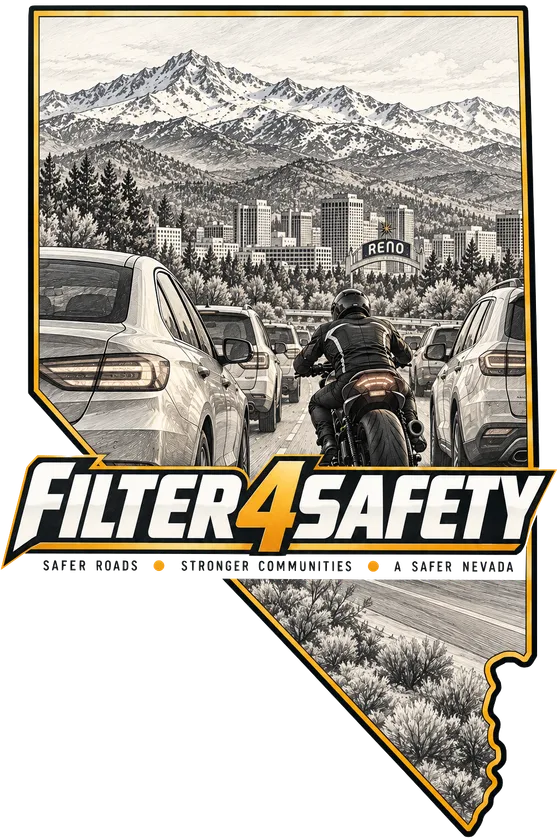 Filter4Safety: a motorcyclist filtering between stopped cars toward Reno, inside an outline of Nevada